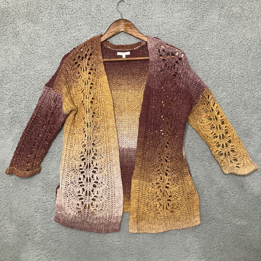 Maurices Open Cardigan Women M Ombre Crochet Knit Mustard Rust 3/4 Sleeve Spring